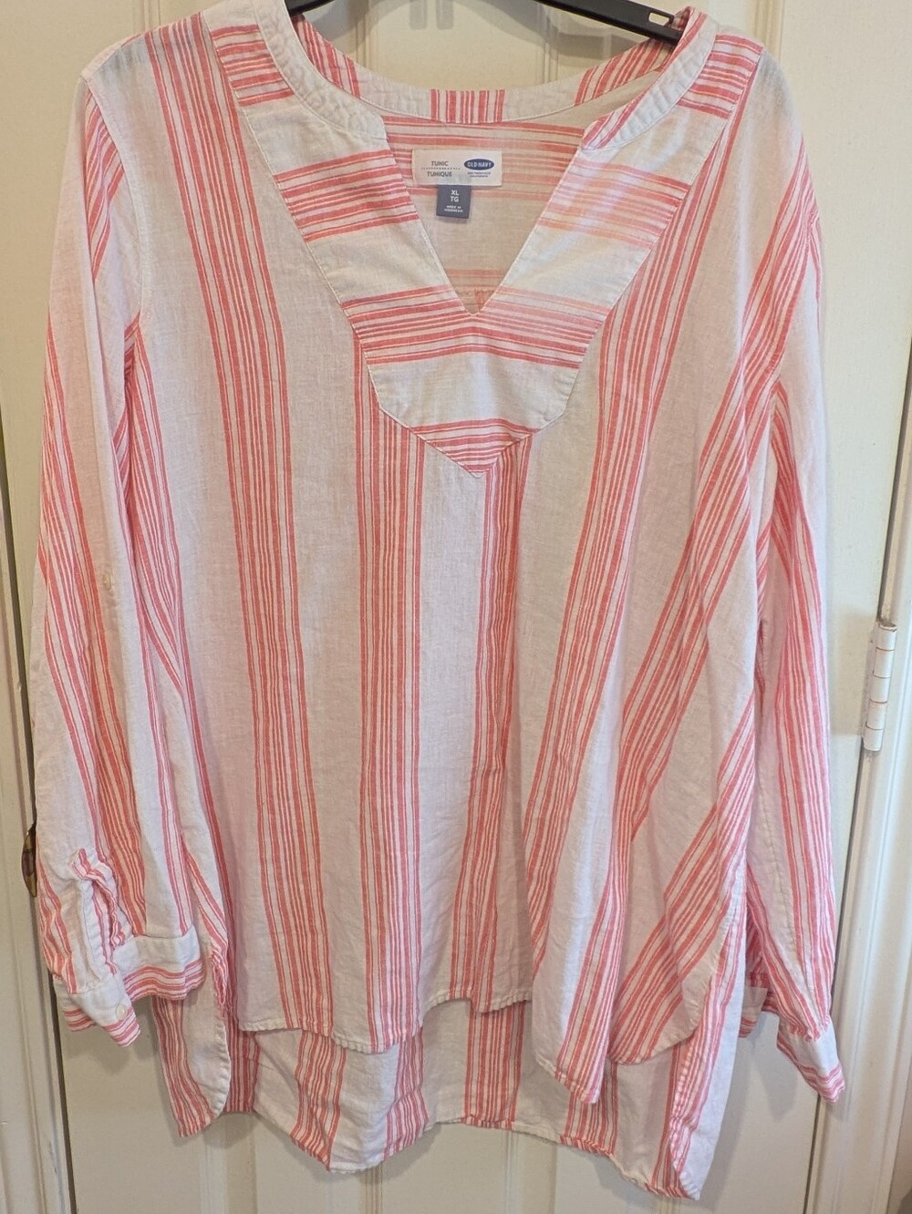 Old Navy Pink and White Striped V-Neck Tunic